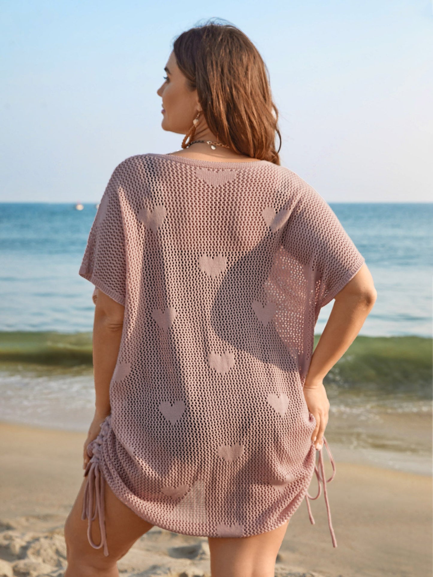 Heart Pattern Drawstring Textured Sheer Swim Cover-Up