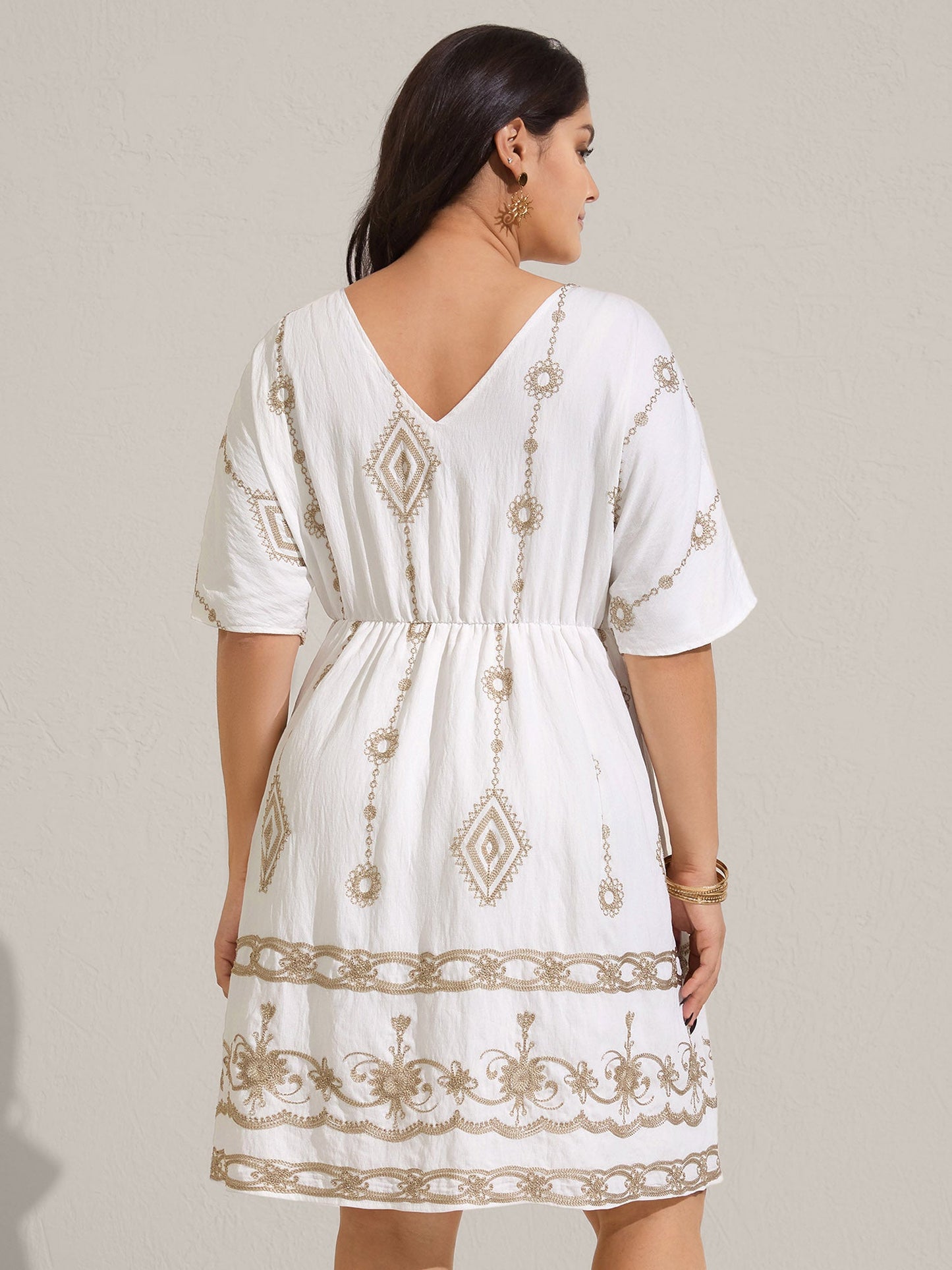 Boho Embroidered Waist Tie Midi Dress