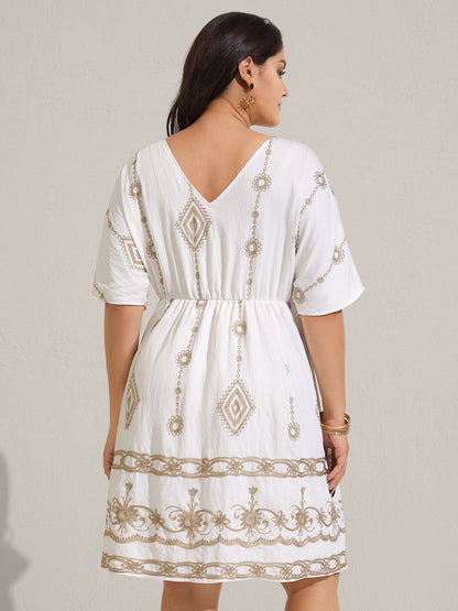 Boho Embroidered Waist Tie Midi Dress