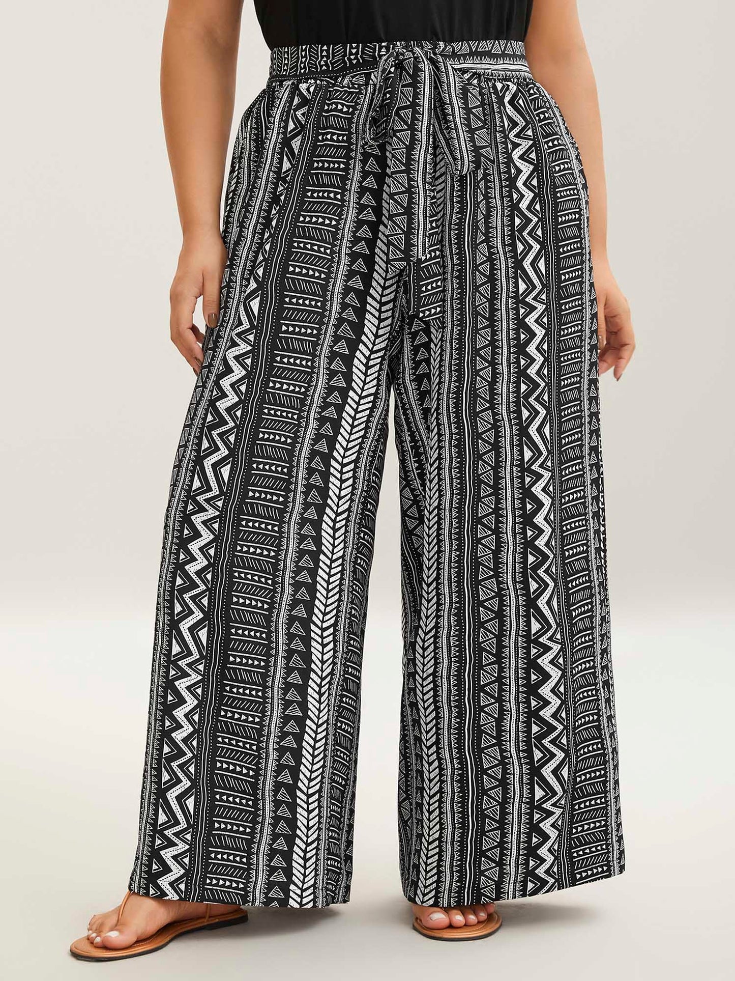 Waist-Tie Wide-Leg Boho Print Pants