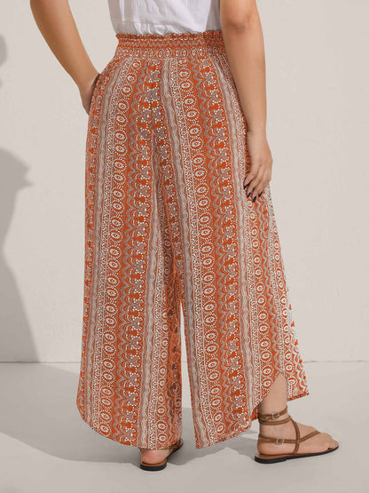 Boho Print Shirred Waist Wide-Leg Pants