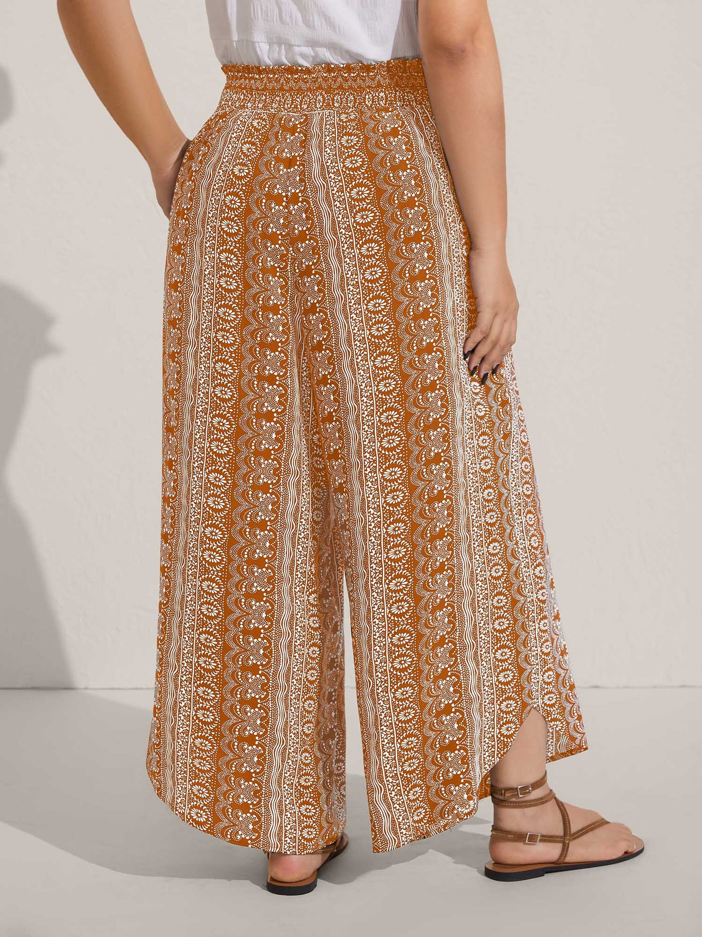 Boho Print Shirred Waist Wide-Leg Pants