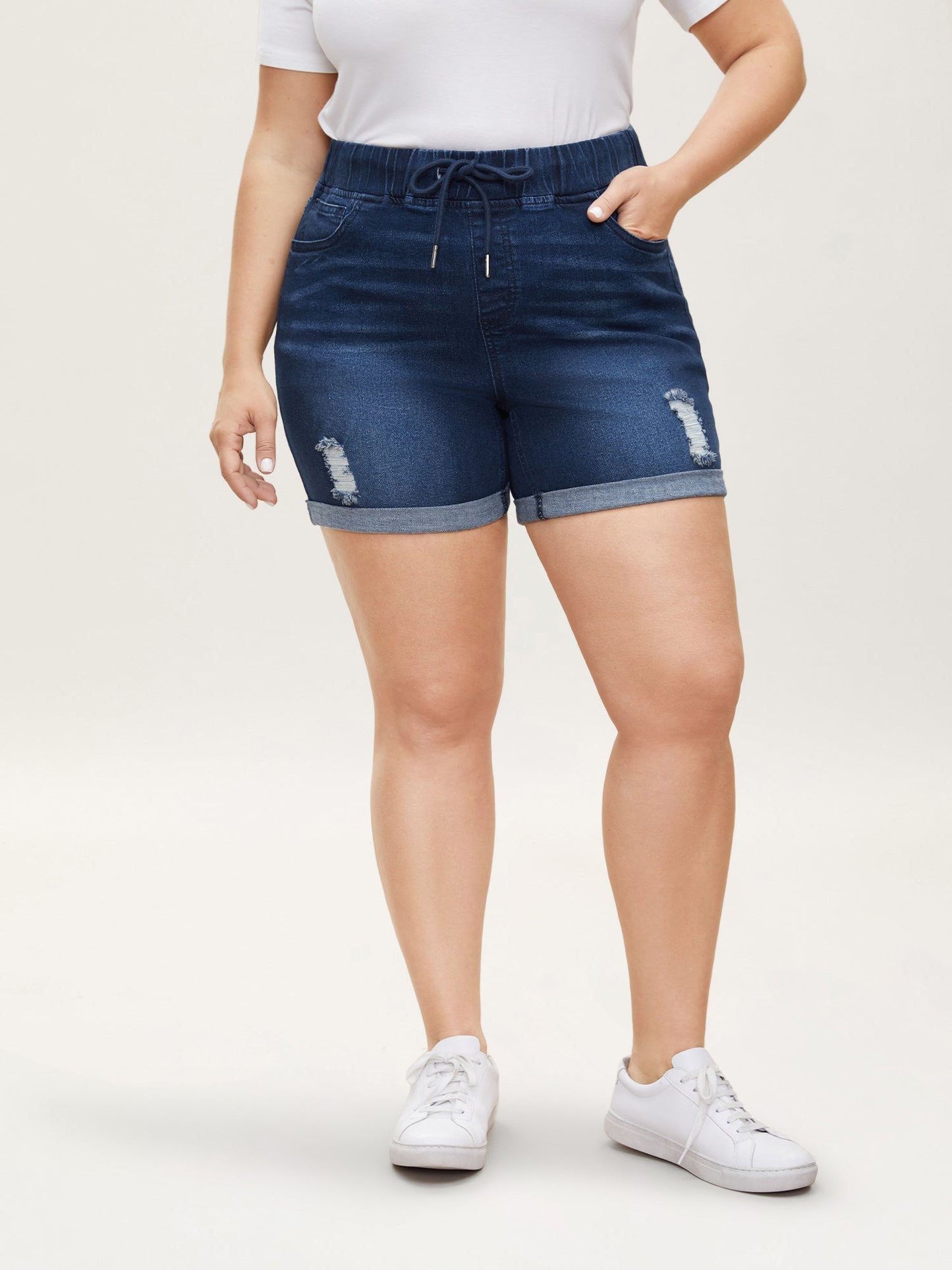 Distressed Drawstring Roll Hem Denim Shorts