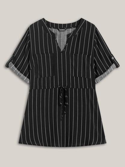 Striped Waist-Tie Pockets Blouse