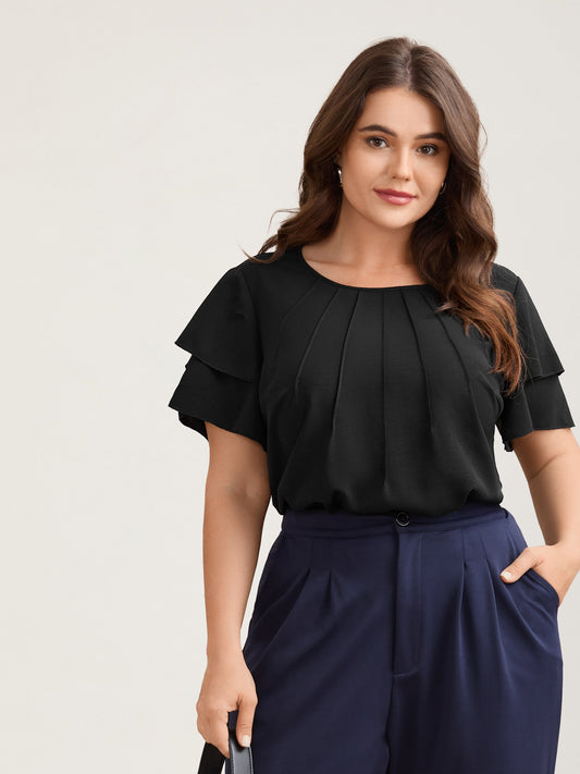 Toothpick Pleat Layered Flutter Sleeve Blouse