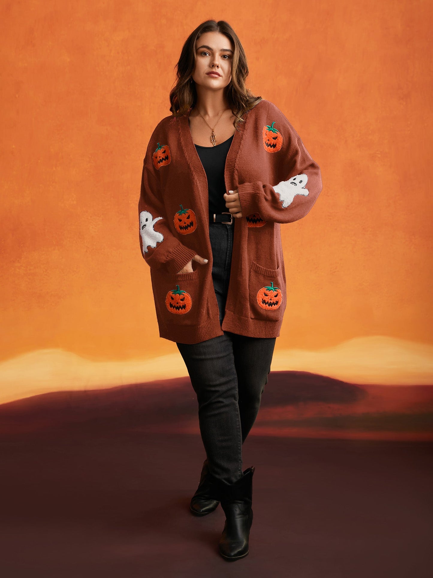 Pumpkin Ghost Embroidery Open Cardigan