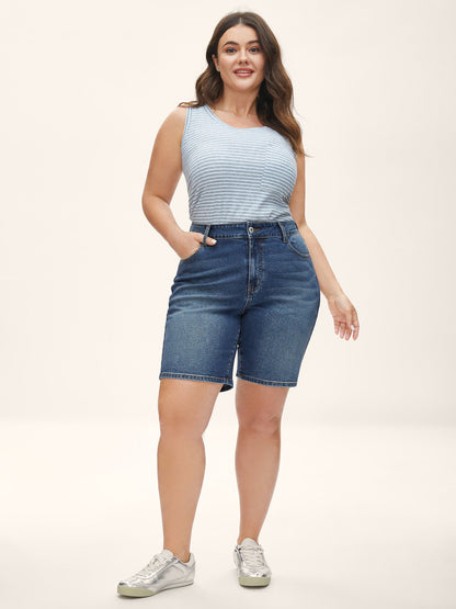 Stretch Straight-Leg Faded Denim Shorts