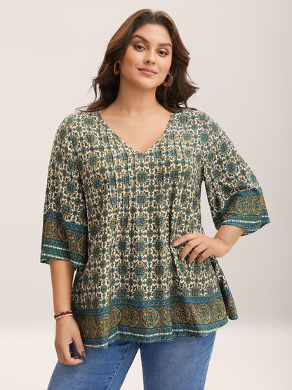 Pin-Tuck Pleat Ornate Print Relaxed Fit Shirt