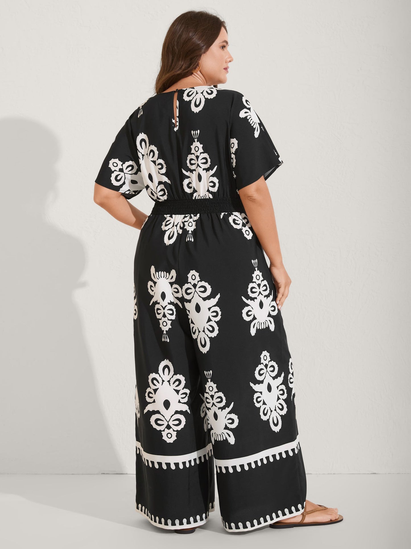 Boho Print Shirred Waist Surplice Jumpsuit