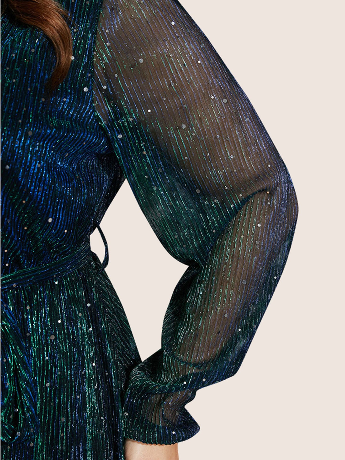 Sequin Mesh Lantern Sleeve Wrap Belted Striped Blouse