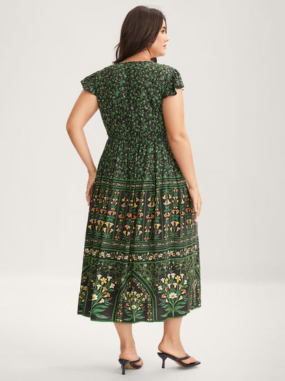 Rayon Garden Fresh Ruffled Sleeve Midi Dress