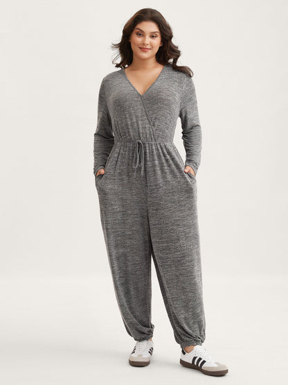 Elastic Waist Overlap Collar Lounge Jumpsuit