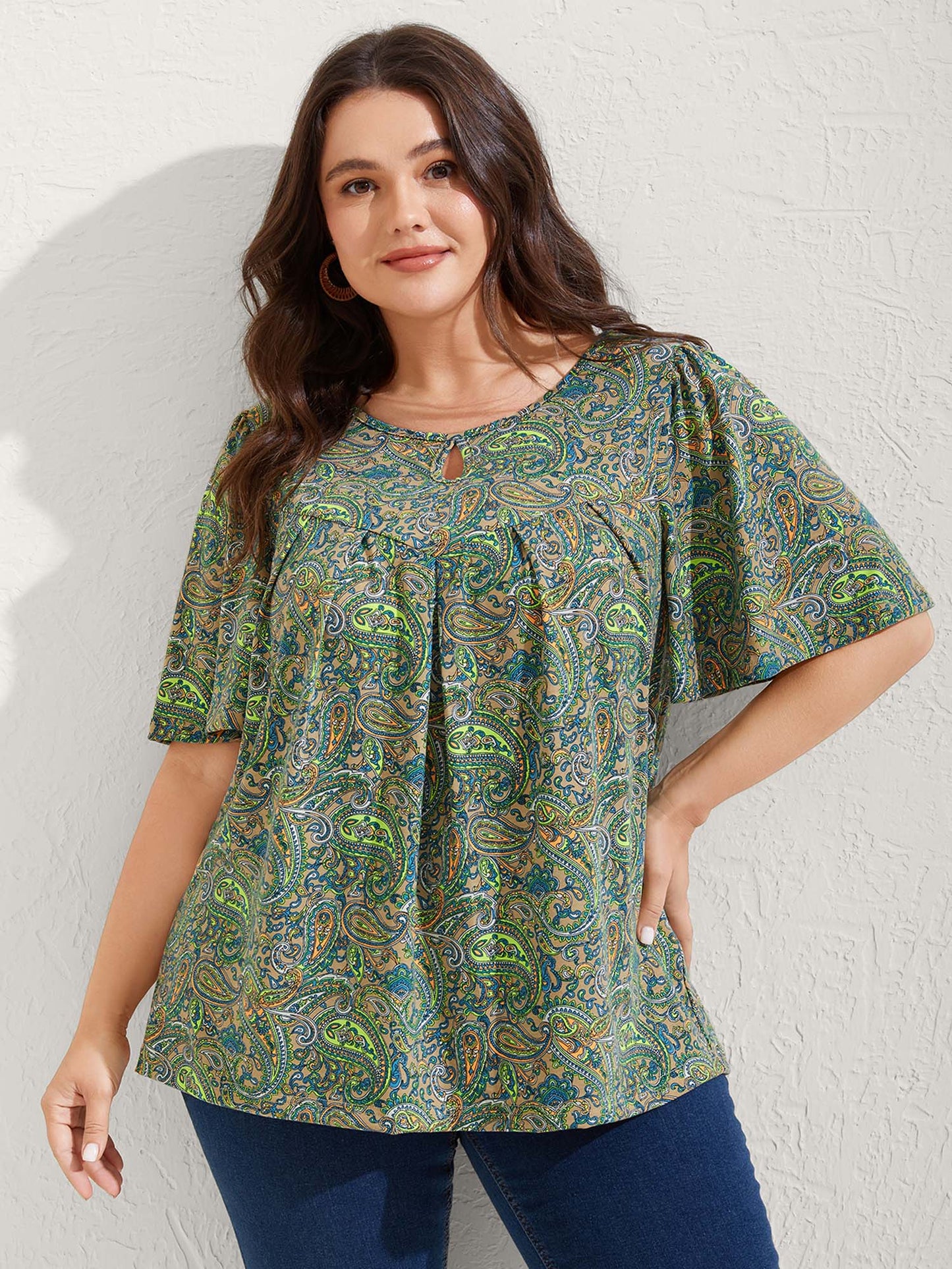 Paisley Print Neck Cut-Out Pleated Top