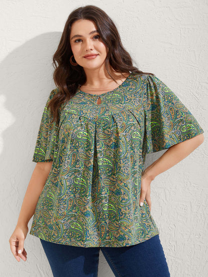 Paisley Print Neck Cut-Out Pleated Top