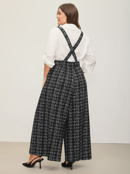 Plaid Tweed Crisscross Back Button Detail Jumpsuit