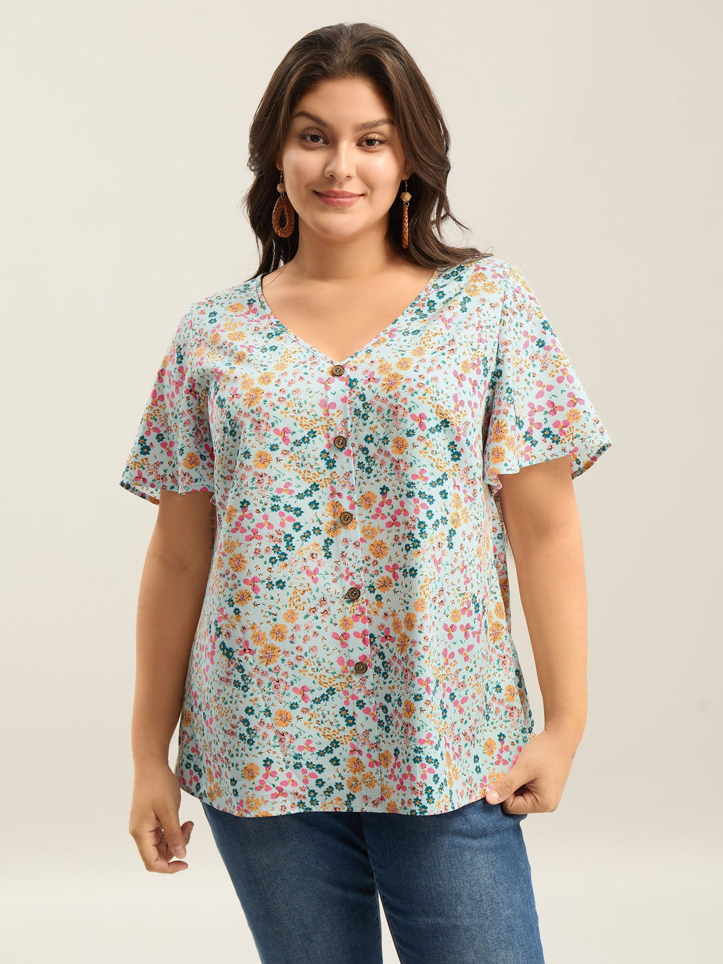Floral Print V-Neck Flowy Blouse