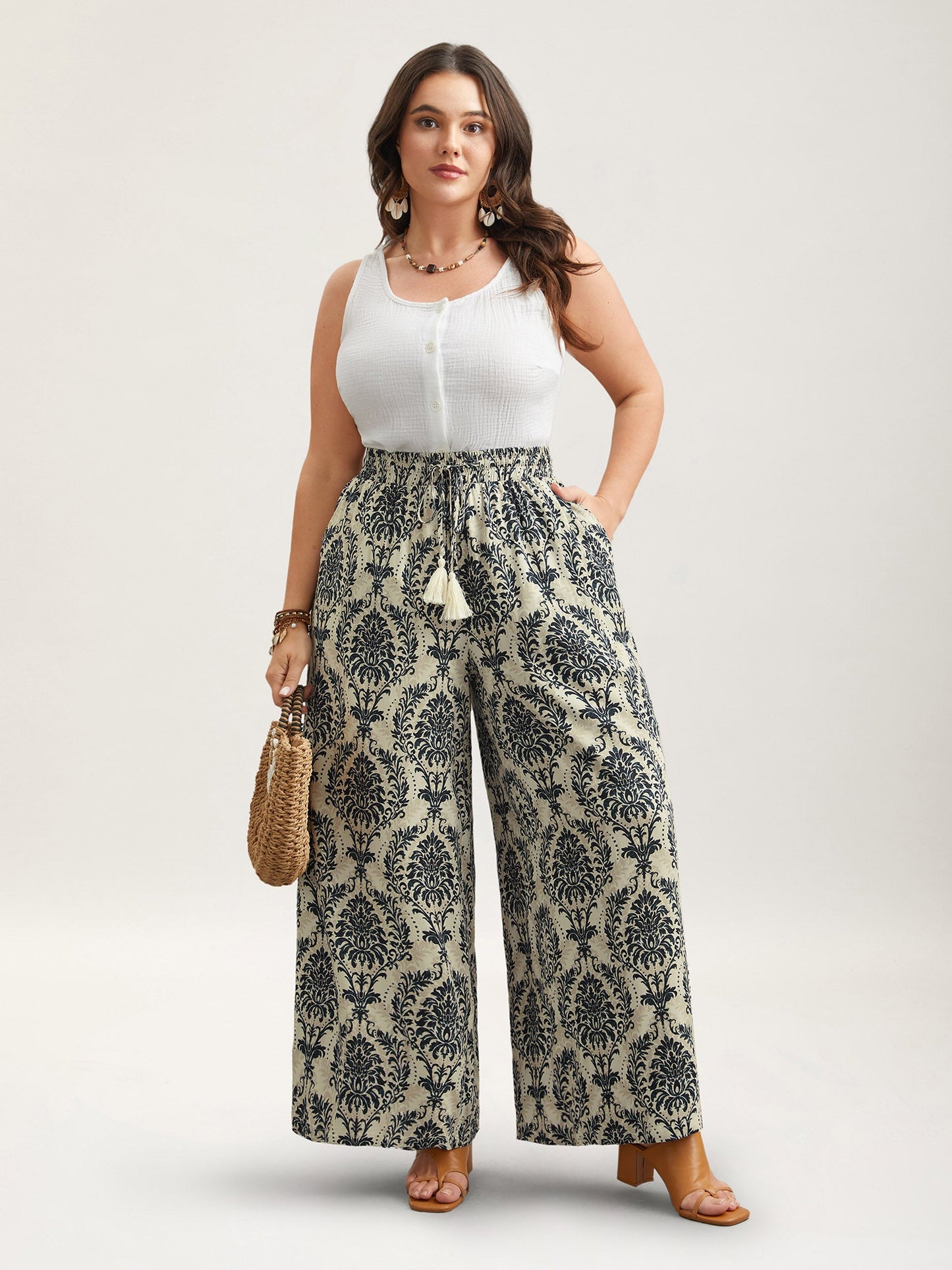 Damask Print Tassel Straight-Leg Pants