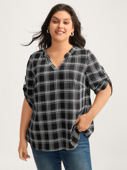 Plaid Print Tab Sleeve Notched Blouse