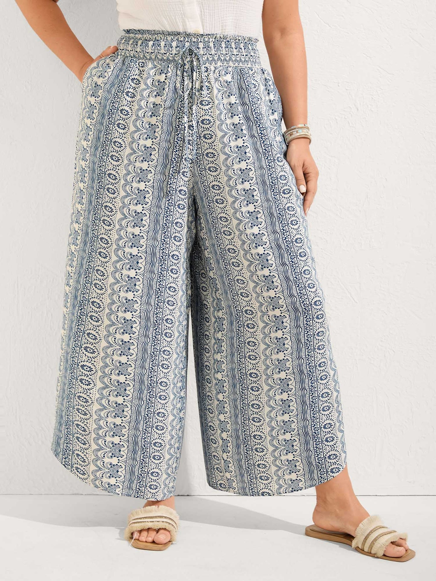 Boho Print Shirred Waist Wide-Leg Pants