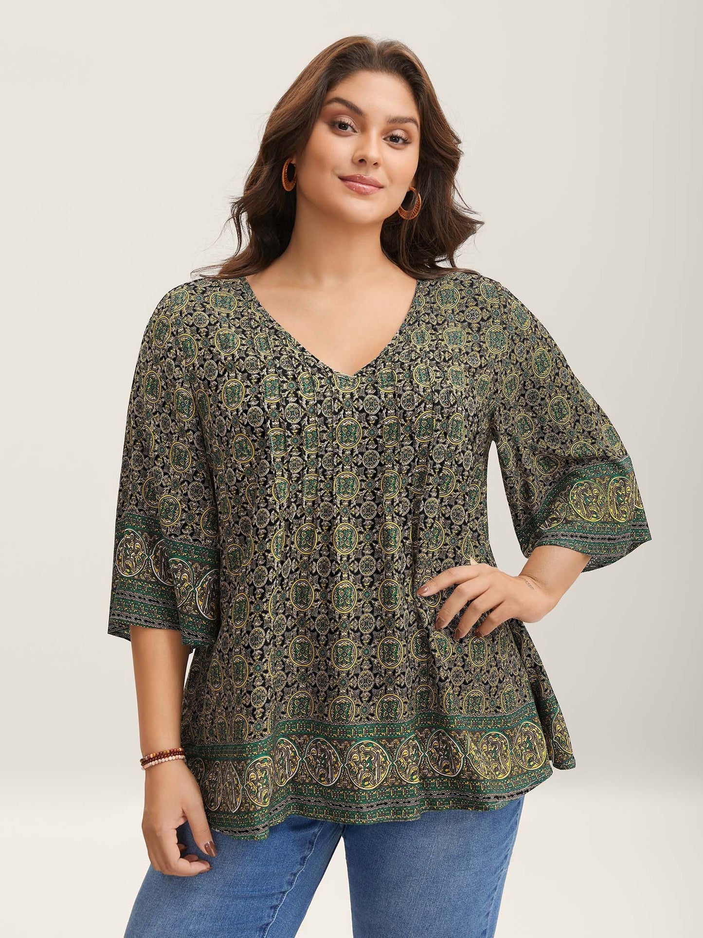 Pin-Tuck Pleat Ornate Print Relaxed Fit Shirt
