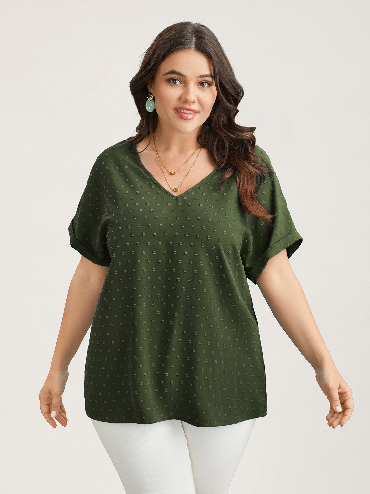 Back-Button Textured V-Neck Shirt
