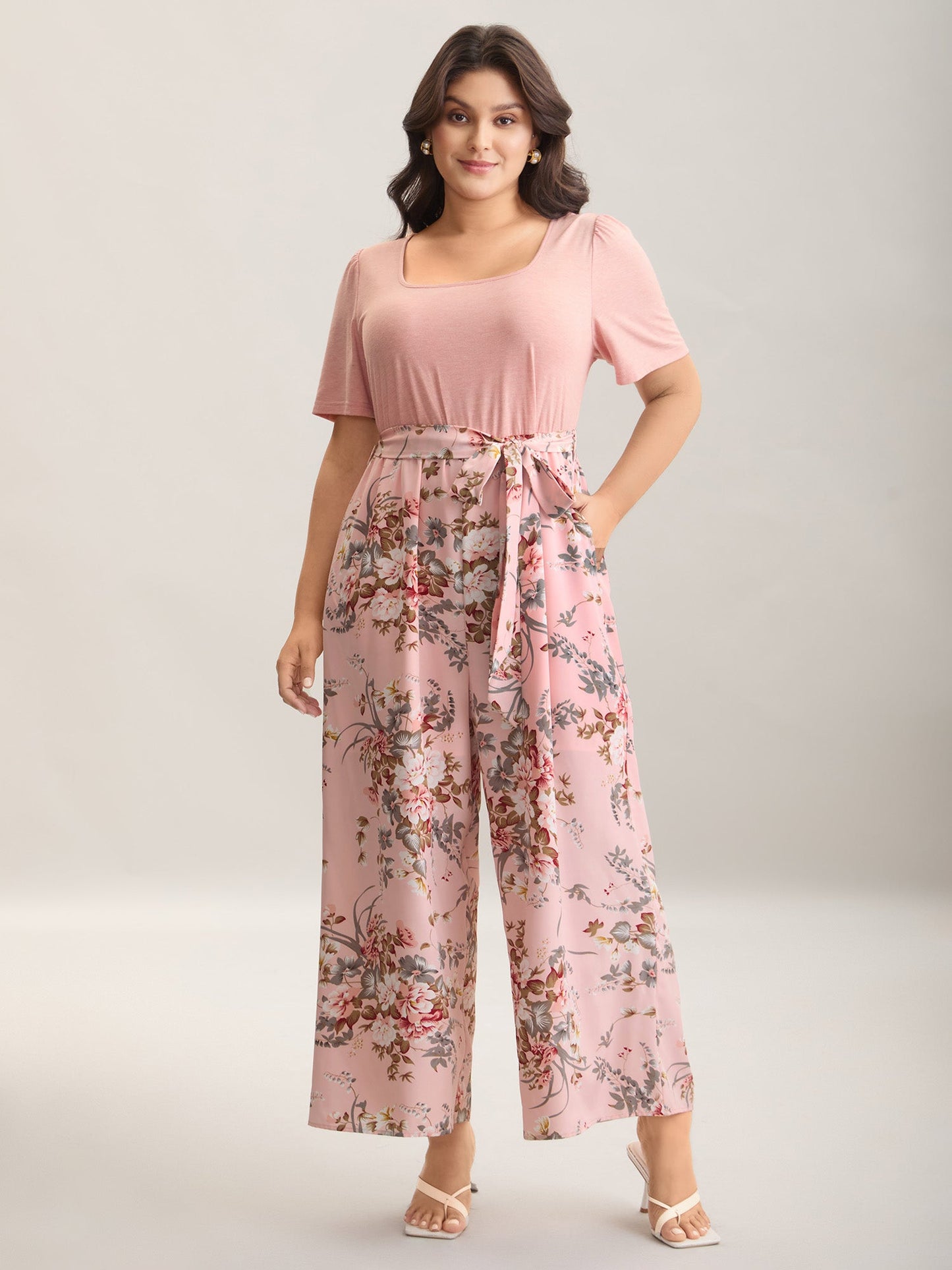 Color Contrast Belted Panel Pockets Jumpsuit
