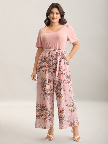 Color Contrast Belted Panel Pockets Jumpsuit
