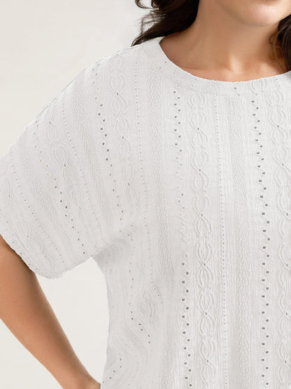 Eyelet Trim Stretchy Textured Plain Top