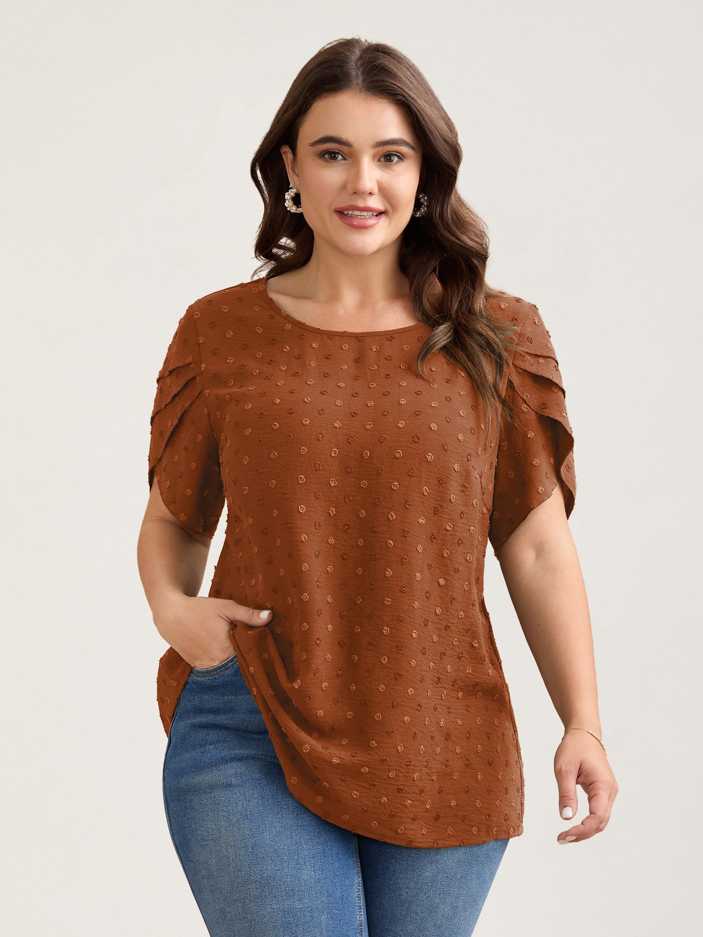 Textured Color Contrast Petal Sleeve Blouse