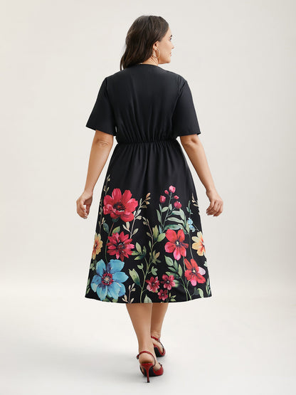 Floral Print V-Neck Half-Sleeve Midi Dress