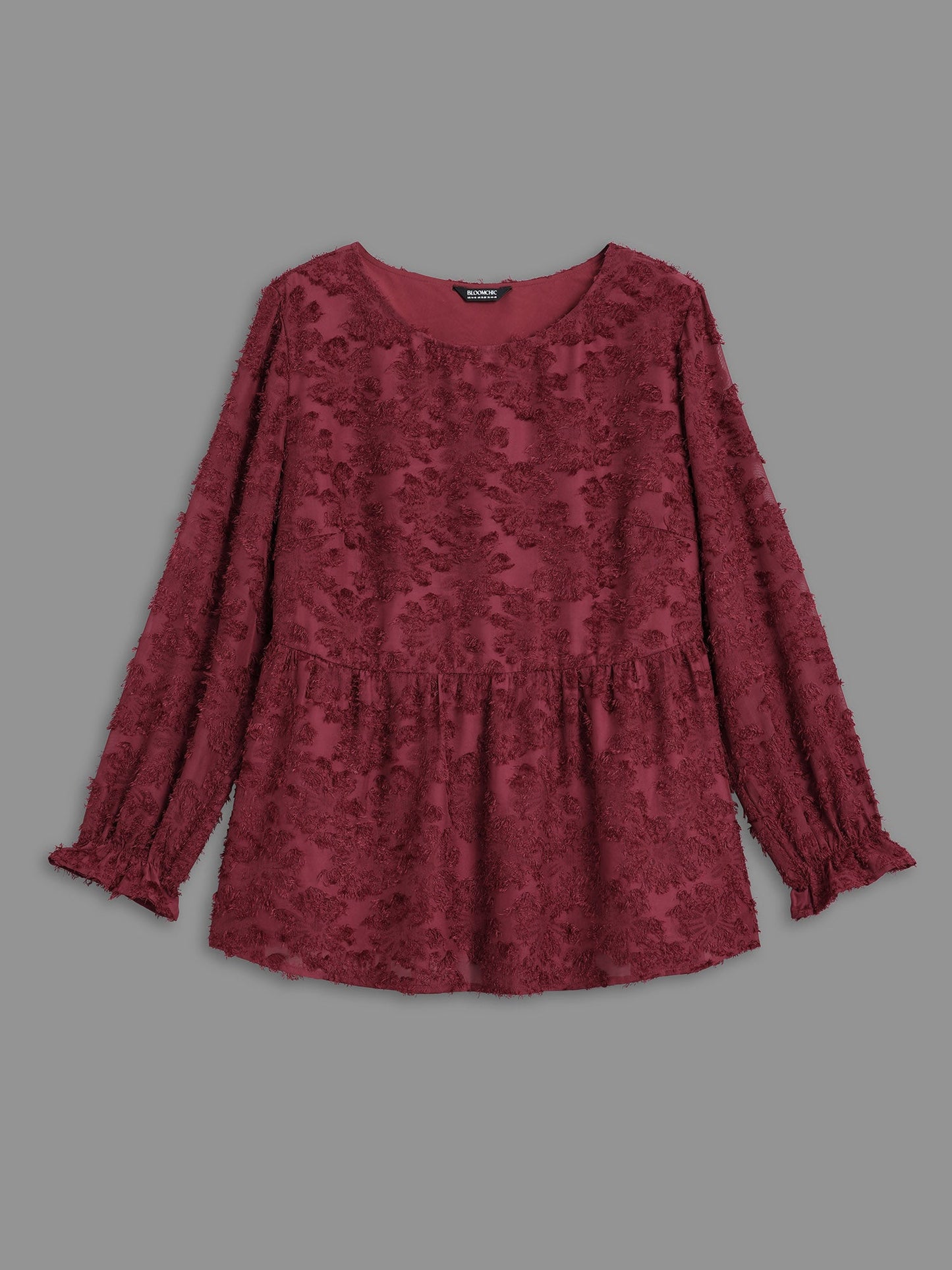 Round Neck Jacquard Plisse Ruched Blouse