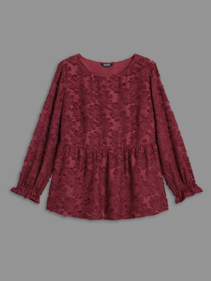 Round Neck Jacquard Plisse Ruched Blouse