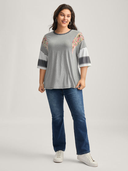 Cotton Mixed Print Floral Detail Knit Top