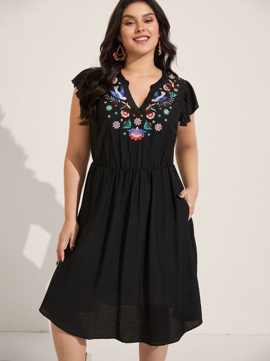 Floral Embroidered Notched Collar Midi Dress