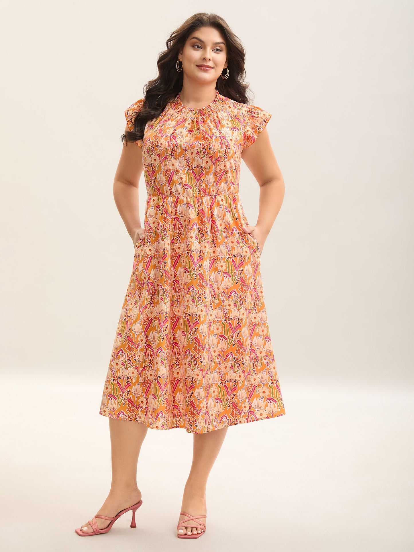 Floral Print Shirred Pockets Midi Dress