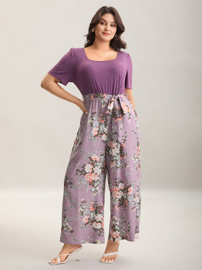 Color Contrast Belted Panel Pockets Jumpsuit