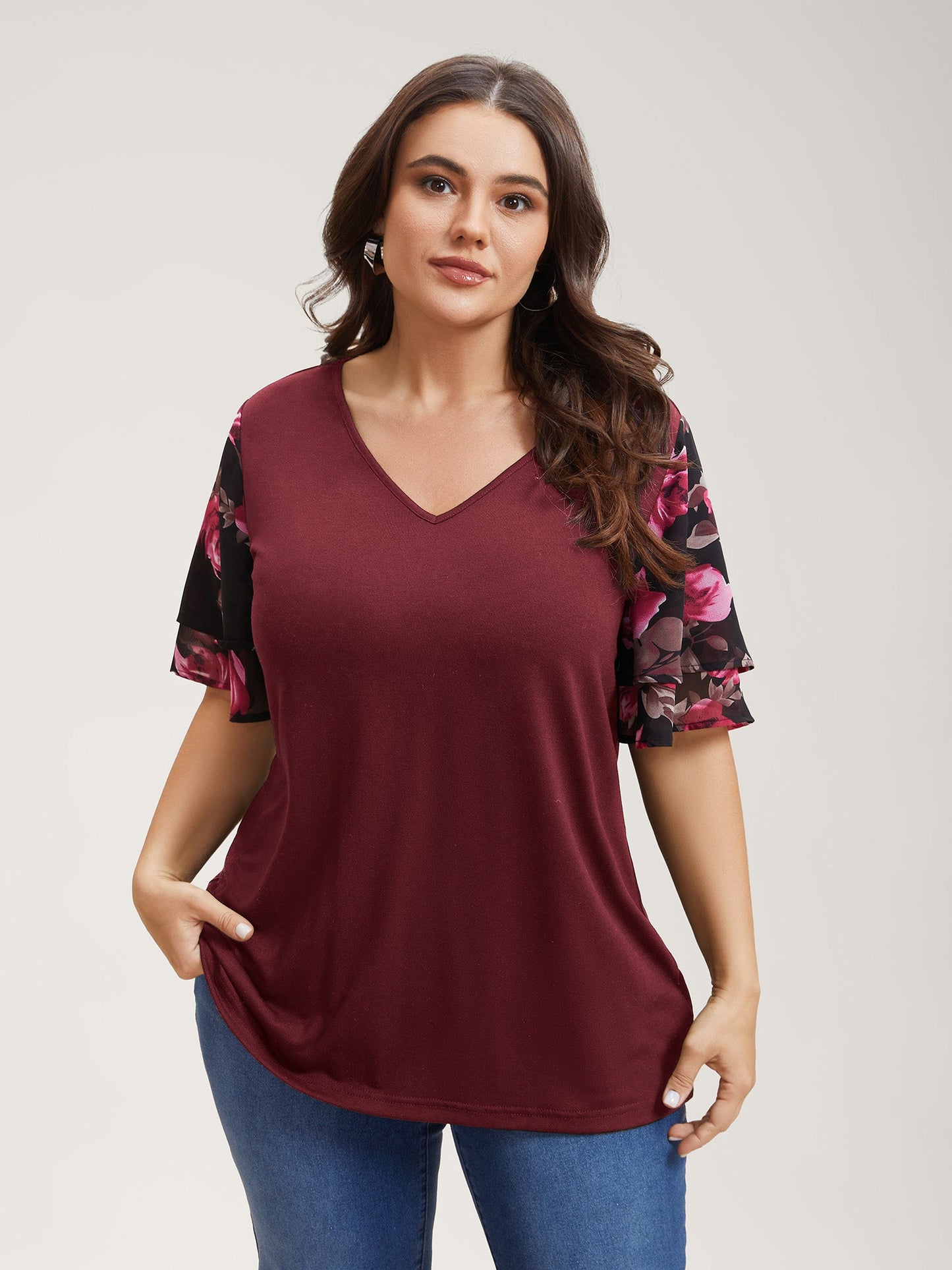Stretchy Floral Lotus Sleeve V-Neck T-Shirt