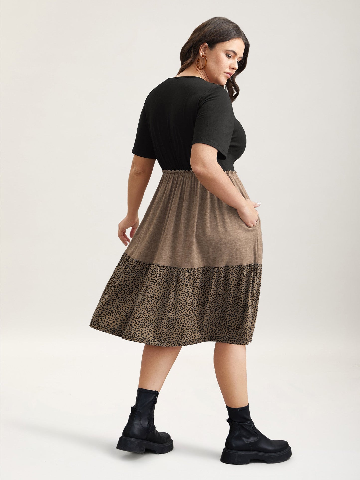 Leopard Print Color-Block Pockets Midi Dress