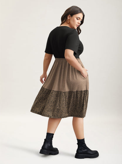 Leopard Print Color-Block Pockets Midi Dress