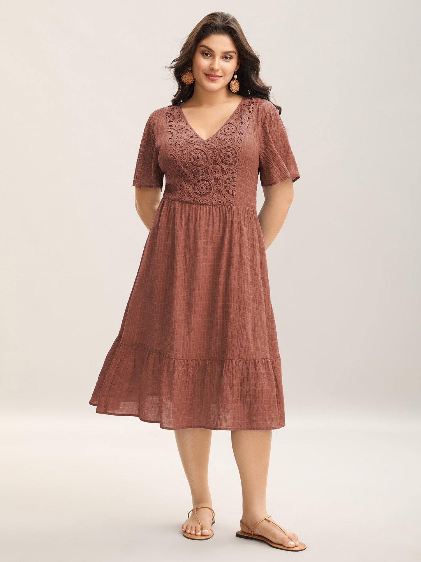 Lace Textured Pockets Tiered Midi Dress