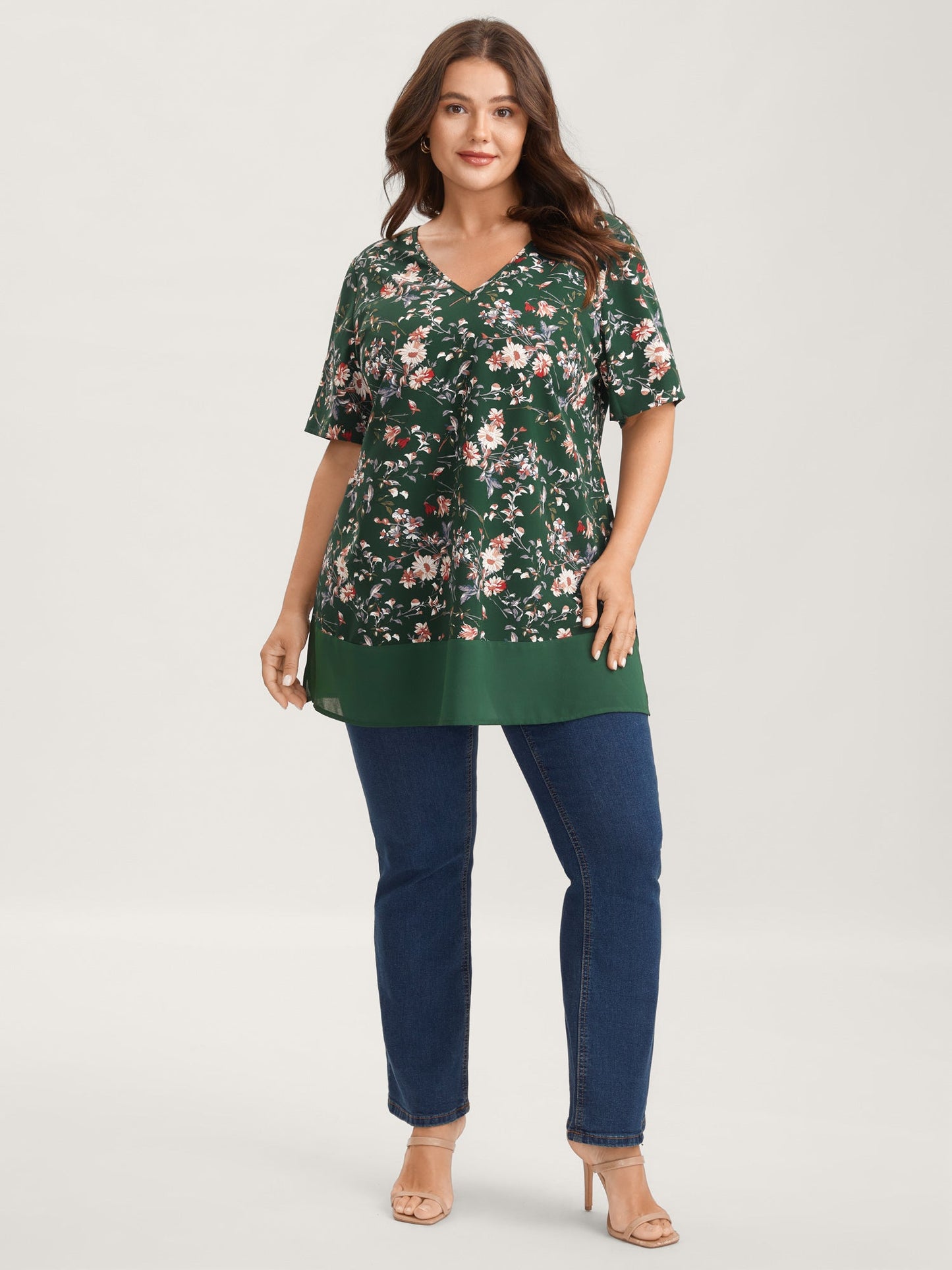 Garden Print Spliced V-Neck Blouse