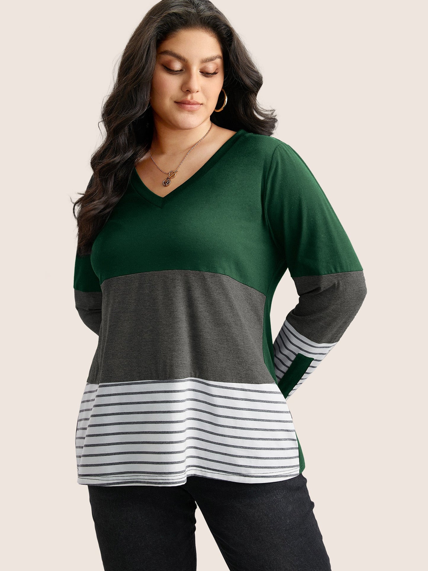 Colorblock Contrast Striped V Neck T-shirt