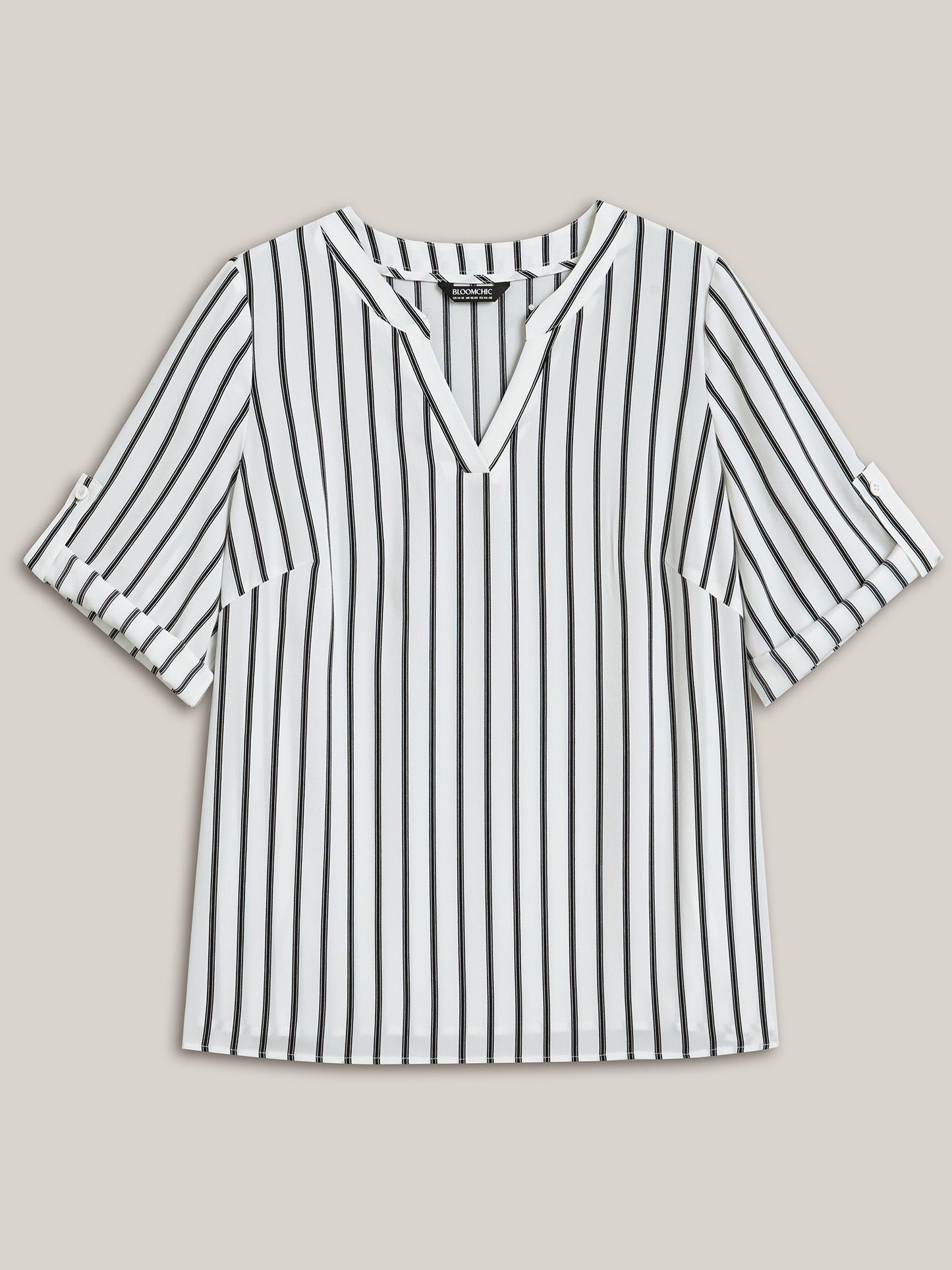 Notched Collar Striped Tab Sleeve Shirt