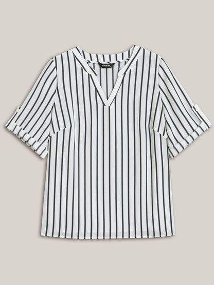 Notched Collar Striped Tab Sleeve Shirt