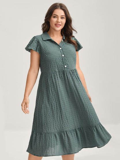Textured Pockets Collar Flutter Sleeve Midi Dress