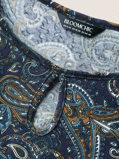 Paisley Print Neck Cut-Out Pleated Top