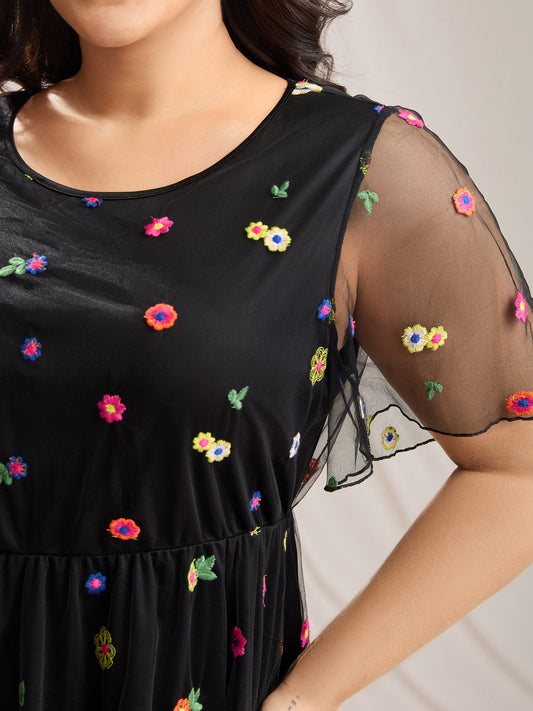 Floral Mesh Embroidery Babydoll Blouse