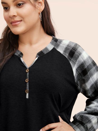 Plaid Patchwork Notched Button Detail Sweatshirt