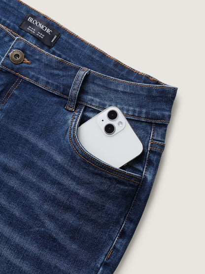 Stretch Rolled Hem Straight-Leg Jeans