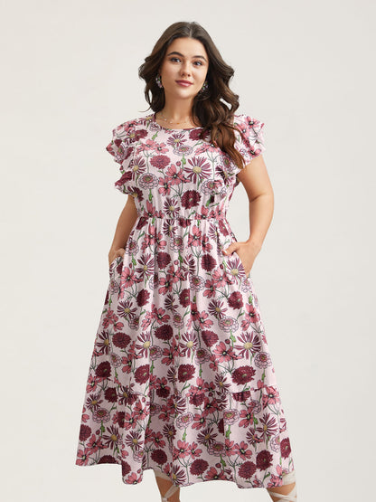 Ruffled Floral Print Stretchy-Waist Midi Dress